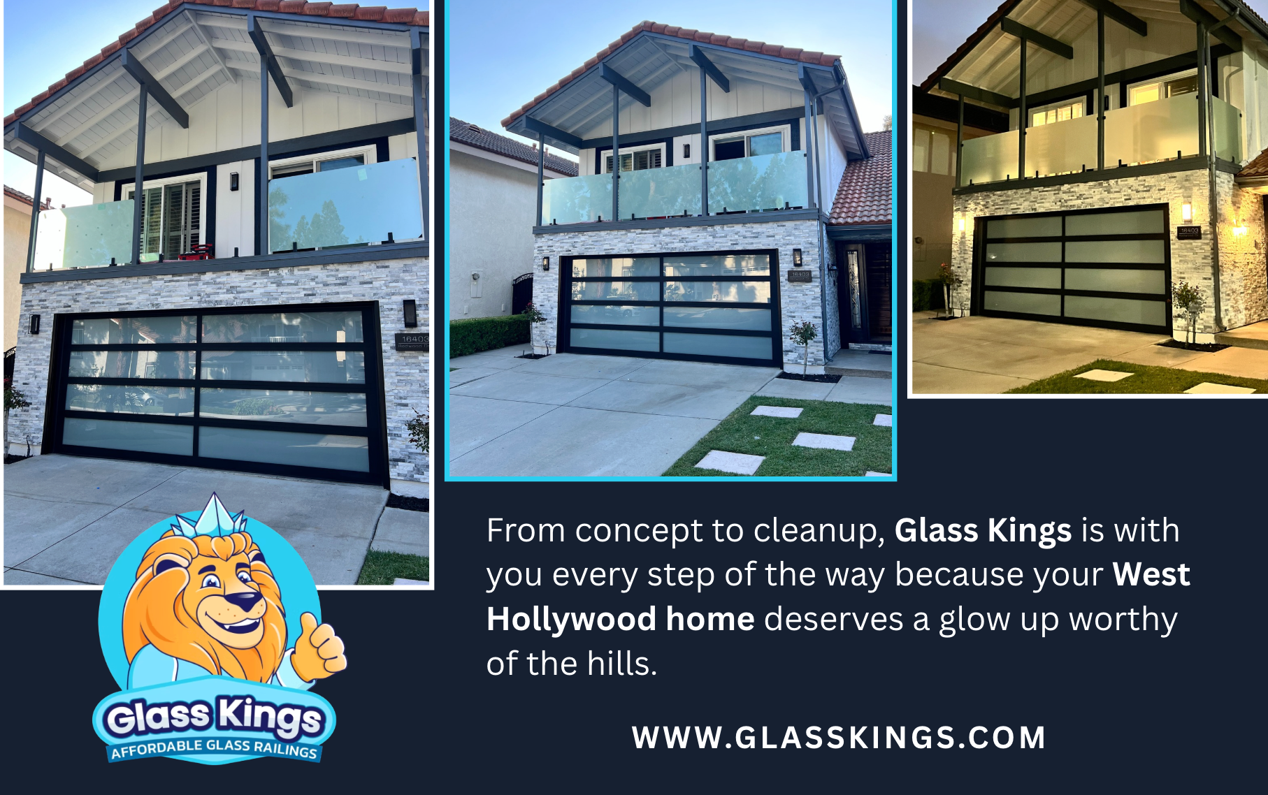 Glass Kings advertisement featuring a home with a glass garage door. 