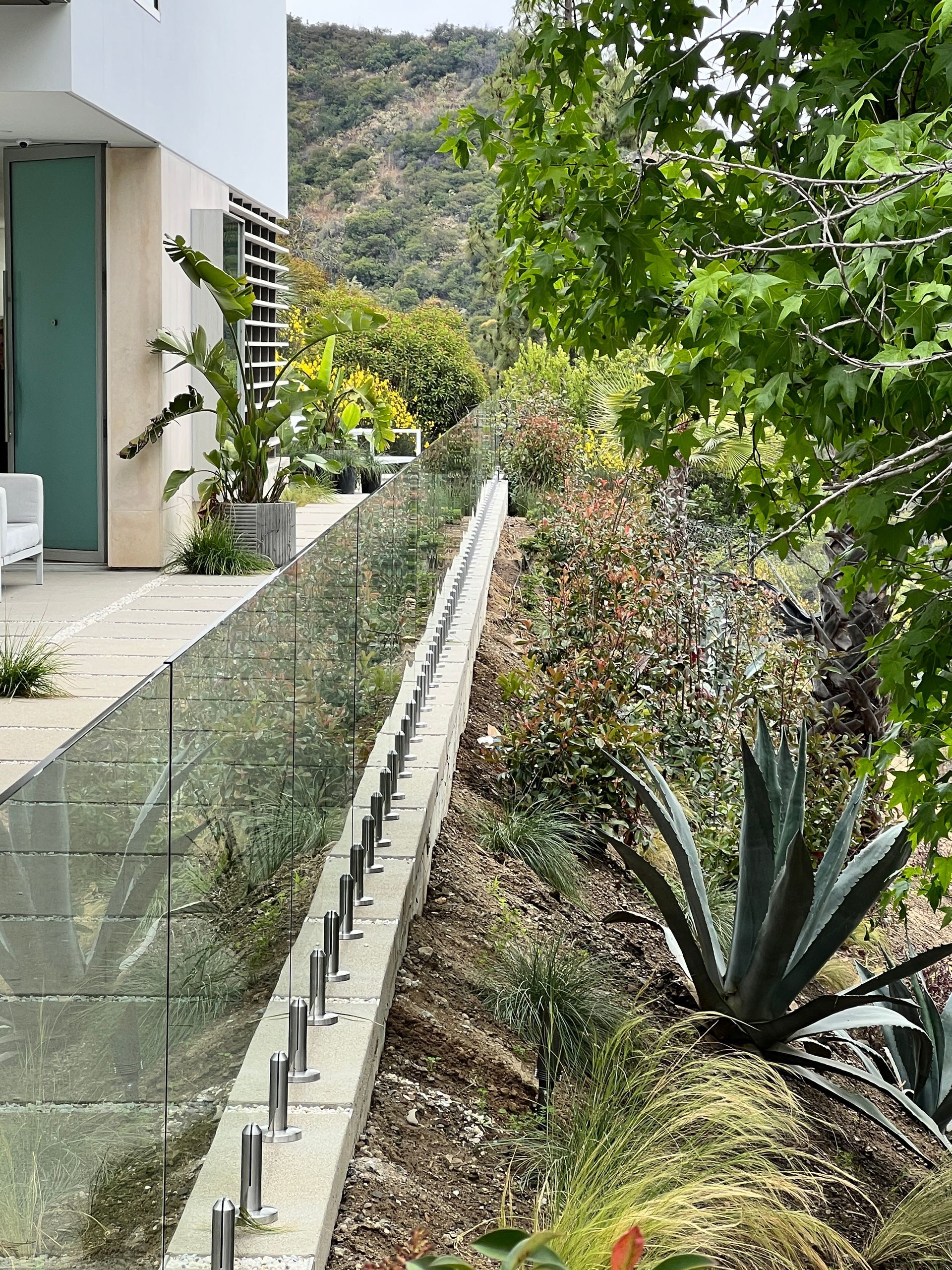 A modern building with a long, glass-paneled barrier with plantings and a mountain backdrop.
