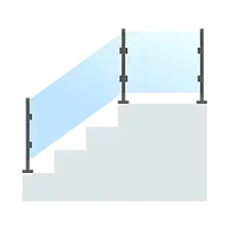Glass railing installed on a staircase; gray metal posts, transparent glass panels, and light blue gradient.