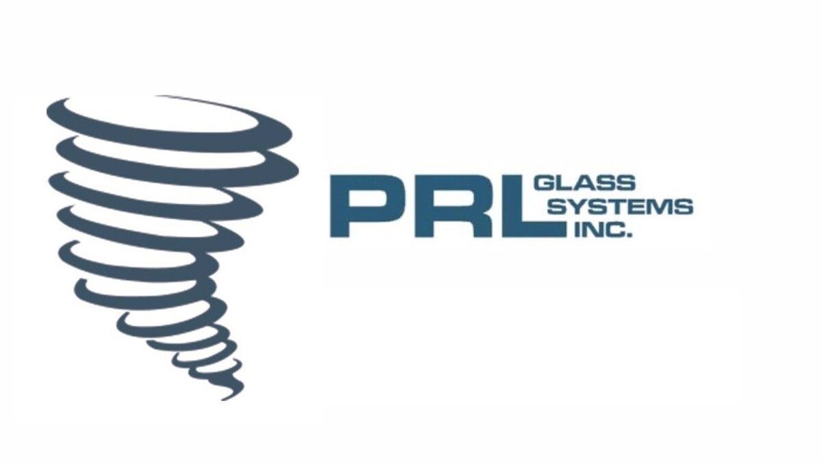 PRL Glass Systems Inc. logo with a stylized tornado next to text in blue.