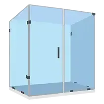 Glass shower enclosure with silver frame and black hardware.
