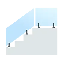 Staircase with glass railing, supported by dark posts. The railing slopes with the stairs.