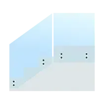 Glass railing on a gray base, with black dot fasteners.
