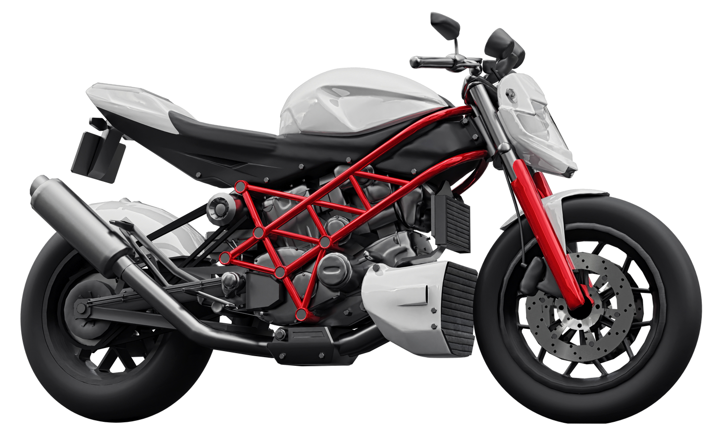 Une moto blanche et rouge sur fond blanc.