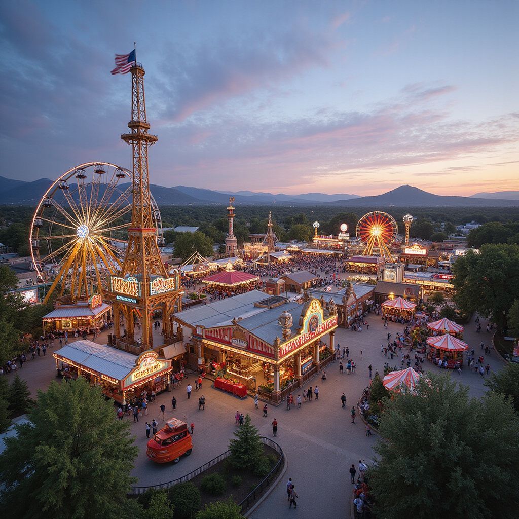 Aerial view of a brightly lit amusement park at dusk, with Ferris wheel, tower ride, and crowds of people.