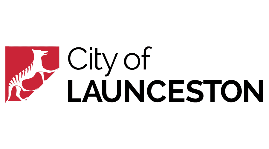 The city of launcheston logo is red and black with a horse on it.