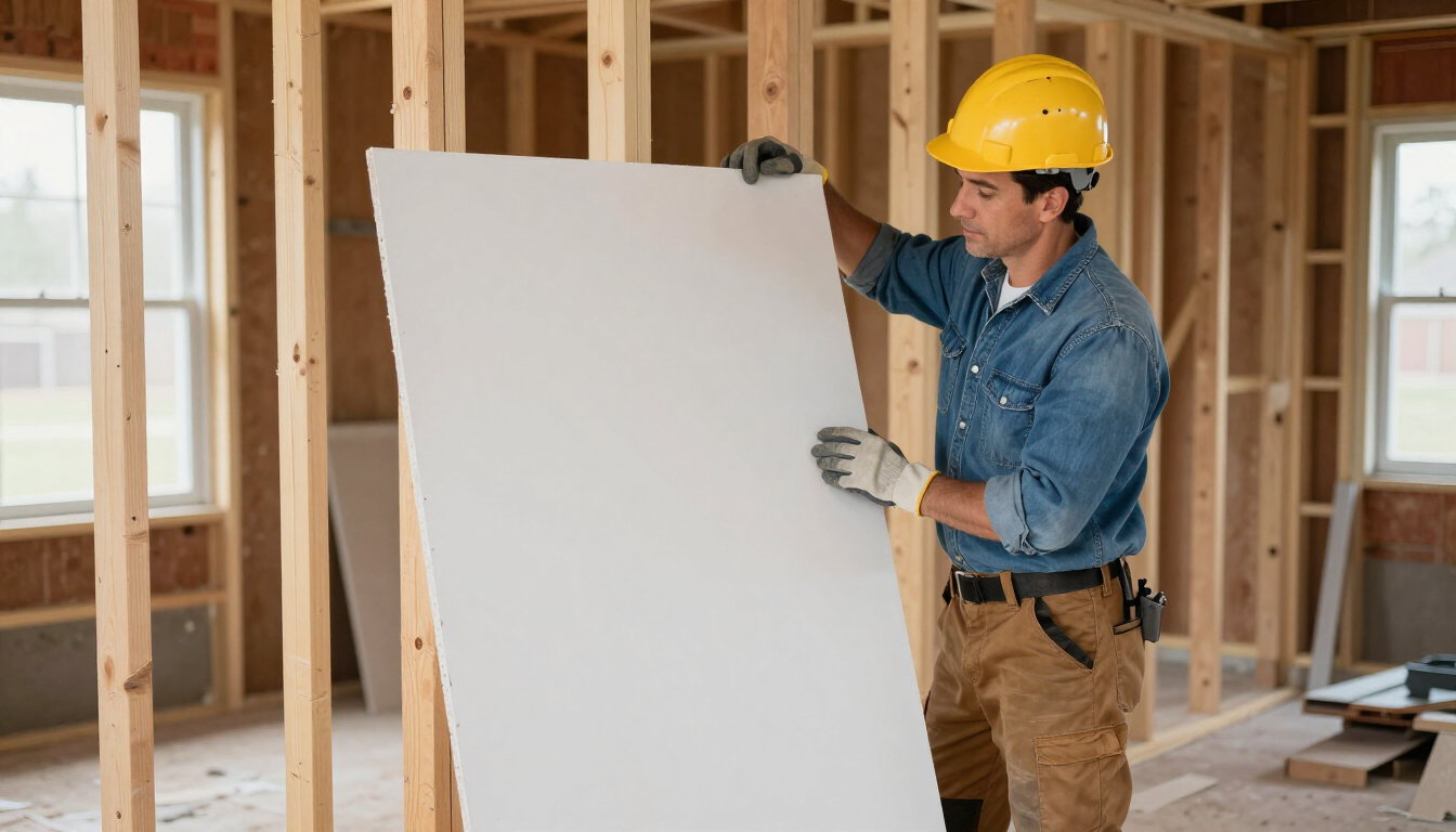 Construction worker in yellow hard hat positioning drywall inside a framed house under construction