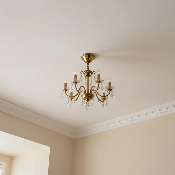 Gold chandelier hanging from a white ceiling in a beige room