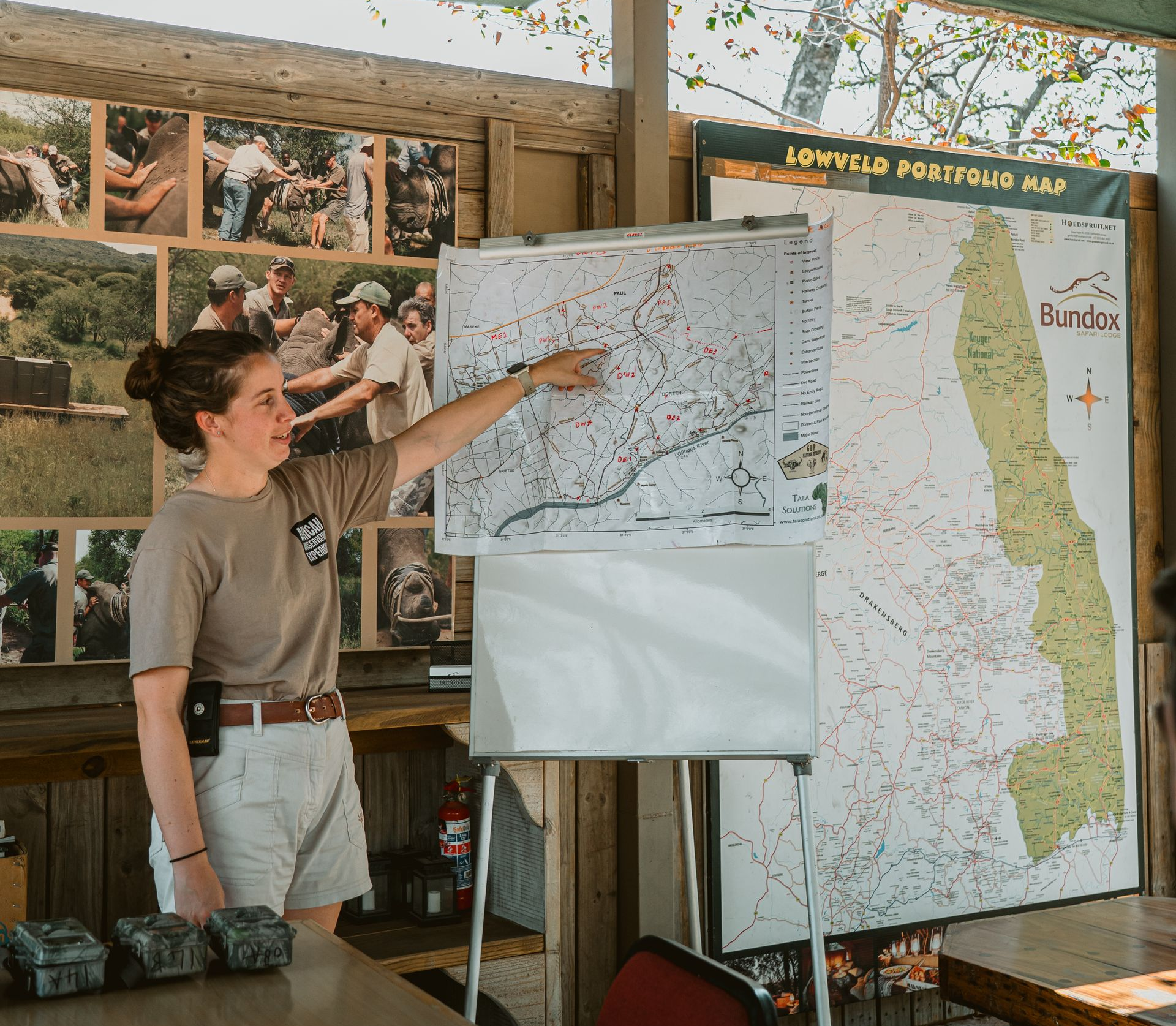 Person pointing at a wall map in a bright room with travel posters and a large coastal map.