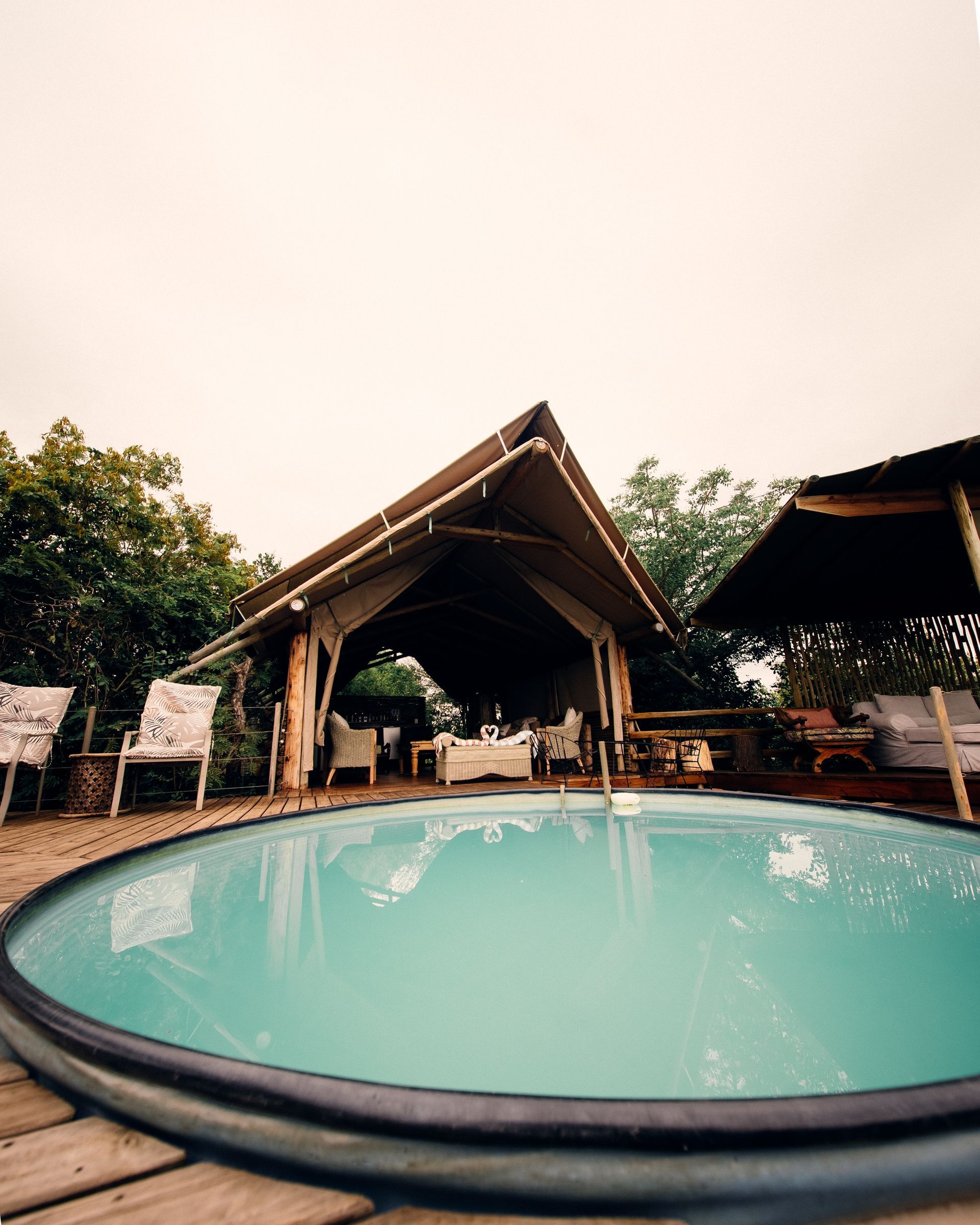 Tropical resort pool with a thatched-roof cabana and lounge chairs surrounded by trees
