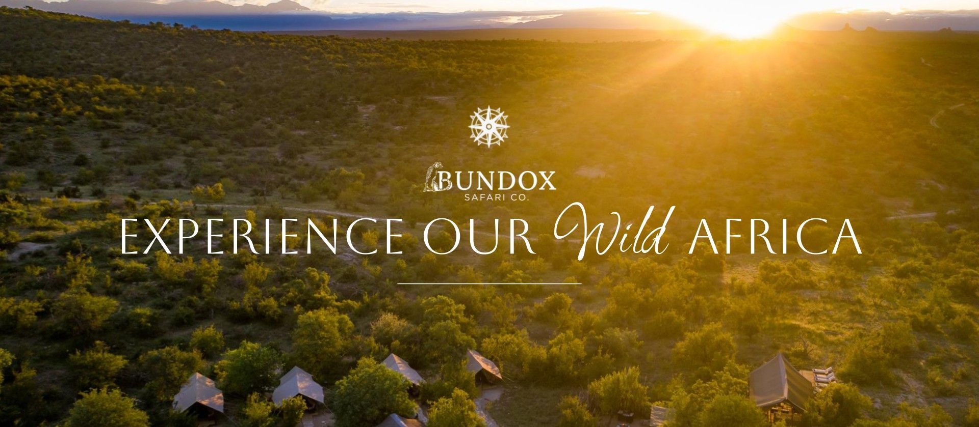 Sunset over lush forest with glowing text: “Experience our Gold Africa” and Bundox logo.