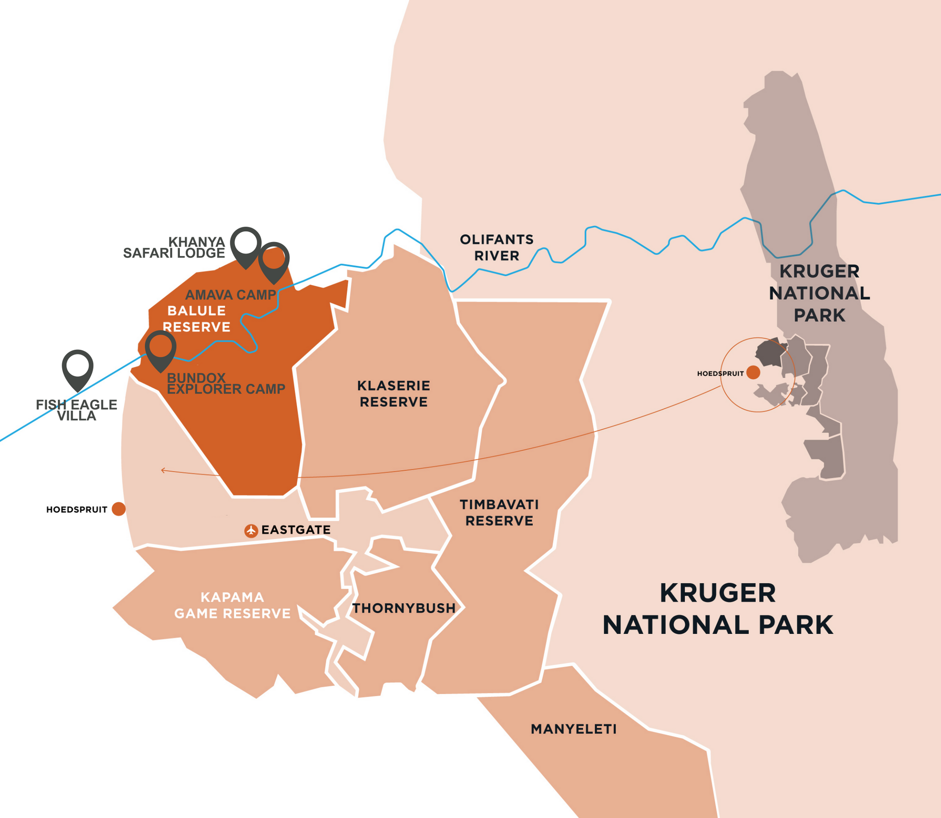 Map of Kruger National Park with highlighted regions and towns in orange and tan.