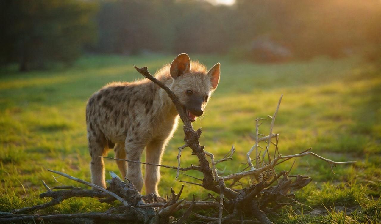 Spotted hyena cub standing by a stick in a sunlit grassy field, holding it in its mouth