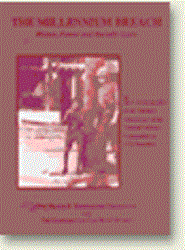 A child and a uniformed police officer stand in front of a police station with glass doors.