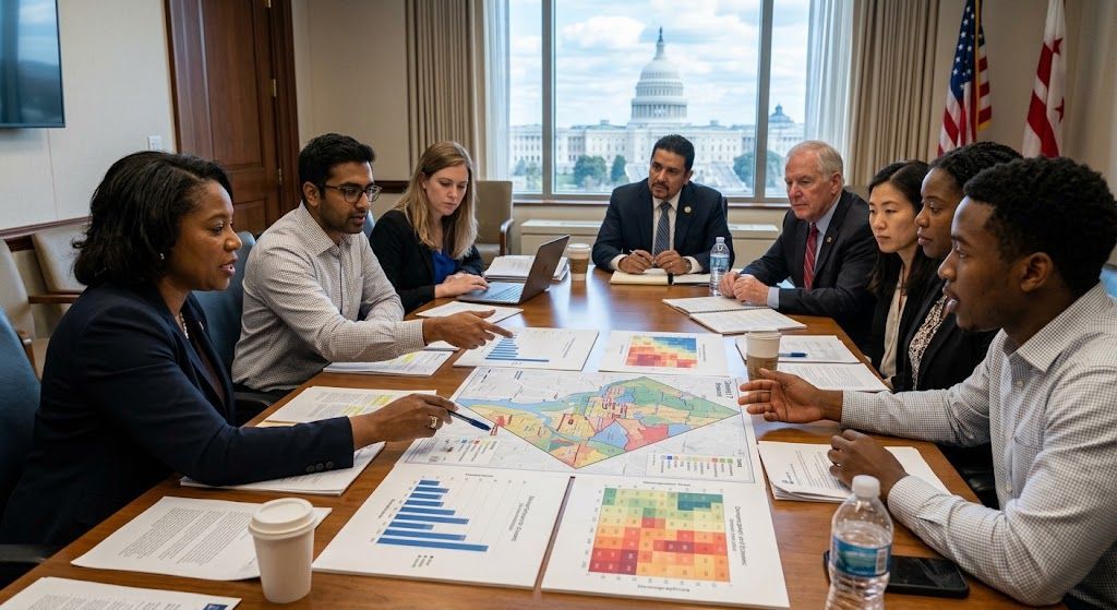 Washington DC neighborhood skyline illustrating urban policy and local community programs