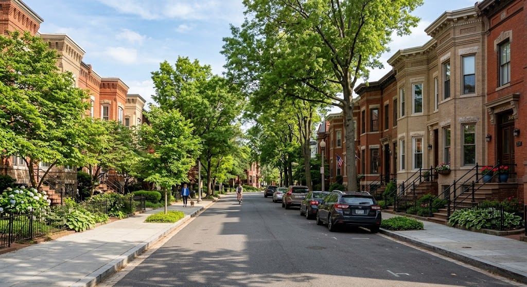 Safe neighborhood street in Washington DC demonstrating successful urban safety programs