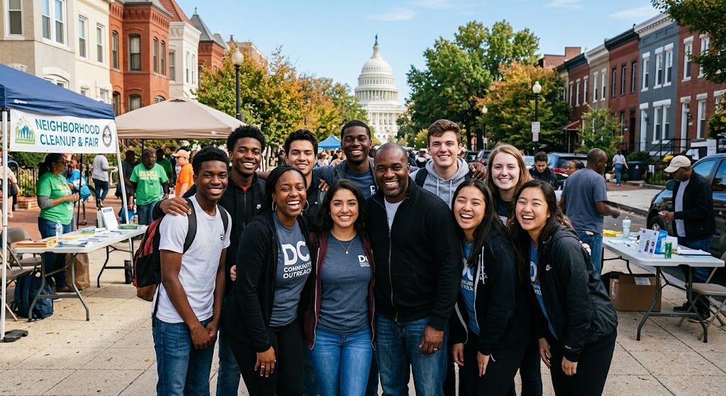 Community violence prevention Washington DC leaders and youth collaborating outdoors