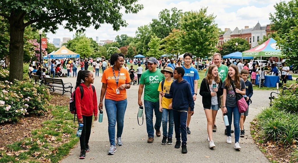 Community-based youth support volunteers walking together in Washington DC park