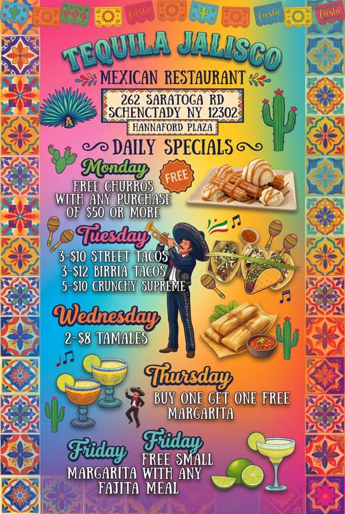 Bright colorful menu poster for Tequila Jalisco Mexican restaurant with daily specials and food illustrations