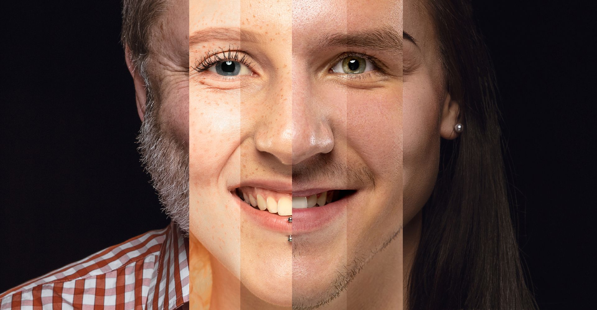 Composite face showing aging process from old to young.