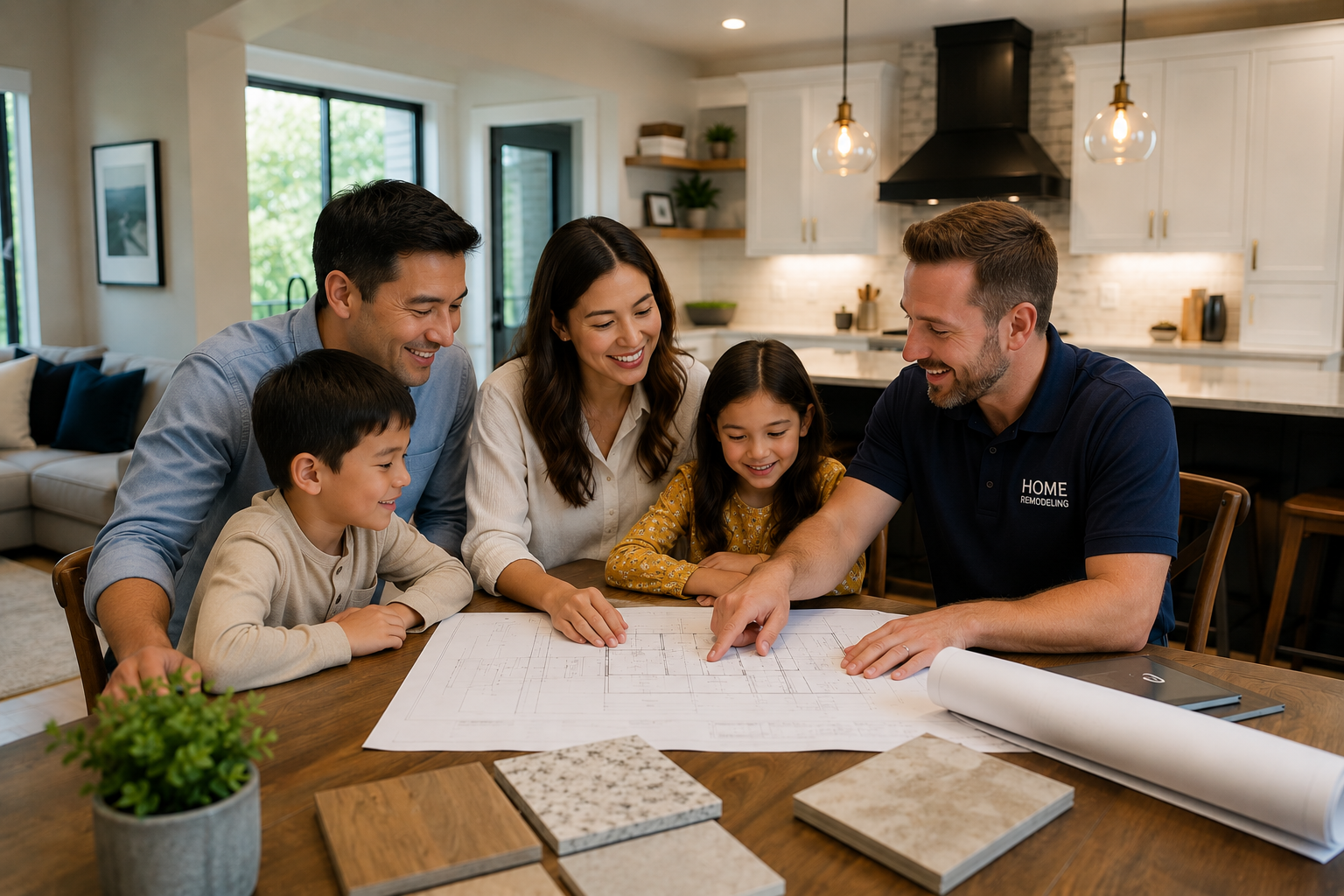 Family gathered around a kitchen table, reviewing floor plans and sketches for a home project.