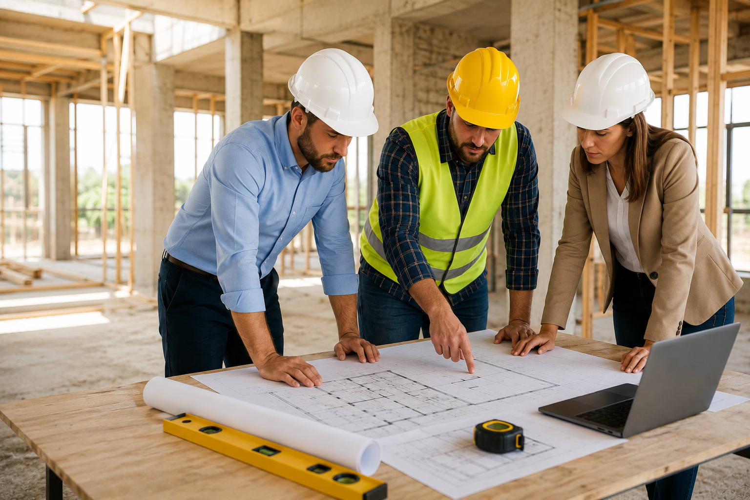 Three construction workers review blueprints at a site, wearing hard hats and a safety vest рядом a laptop.