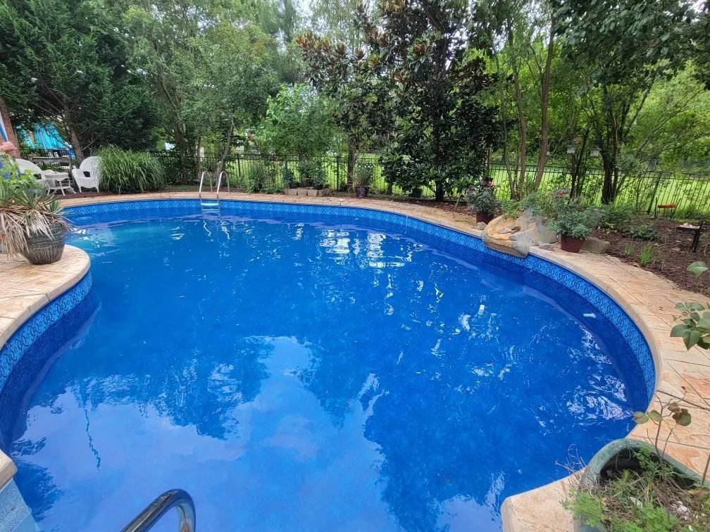 A large swimming pool surrounded by trees and bushes in a backyard.