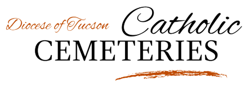 Logo for the Diocese of Tucson Catholic Cemeteries with text in black and a rust-colored brushstroke accent.