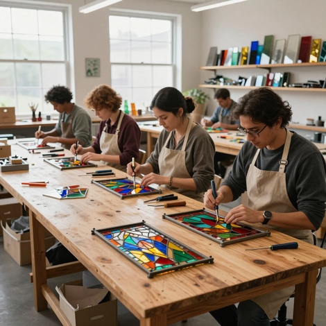 People creating colorful stained-glass panels at a workshop table in a bright studio