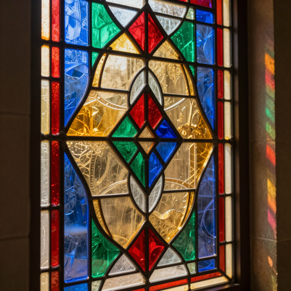 Colorful geometric stained glass window with red, blue, green, and gold panels