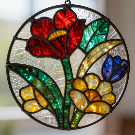 Circular stained-glass flower design with red, yellow, blue, and green petals