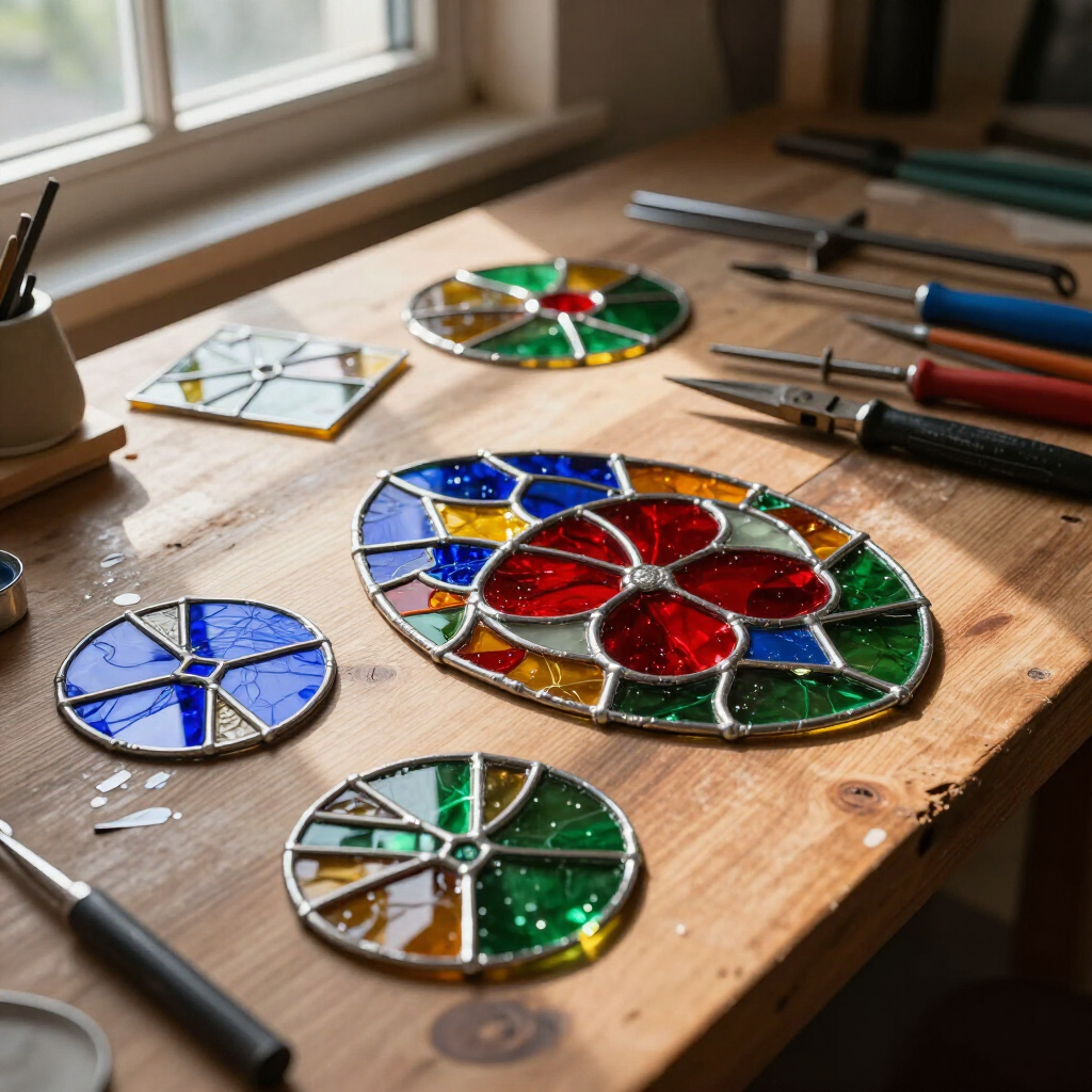 Colorful stained-glass mosaic pieces on a workbench with tools and glass cutters near a window