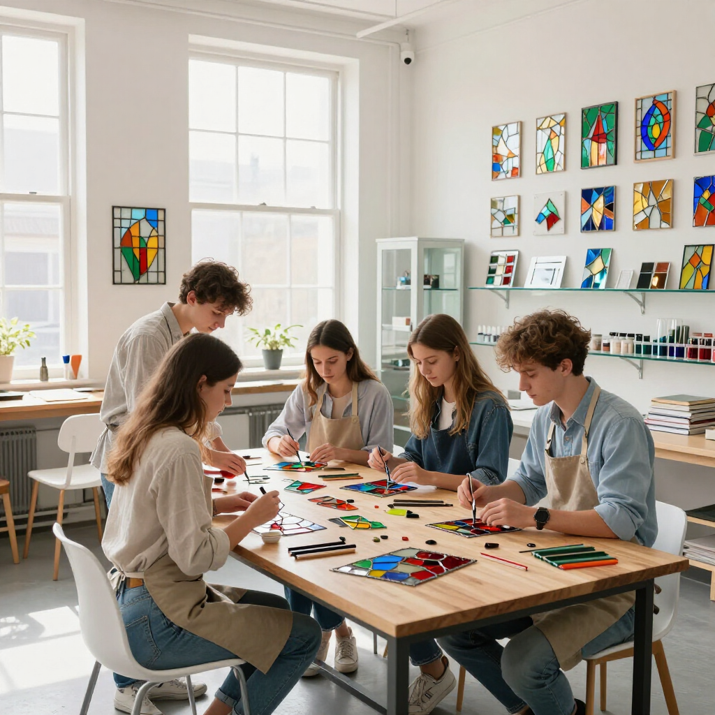 People seated around a table making colorful stained-glass art in a bright studio