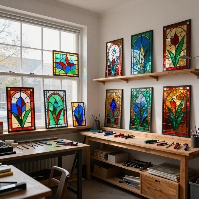 Stained glass panels displayed on tables and shelves in a bright workshop room