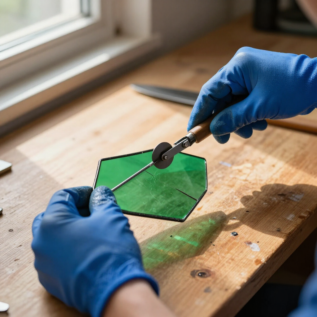 Blue-gloved hands cutting a green glass shape on a wooden workbench near a window
