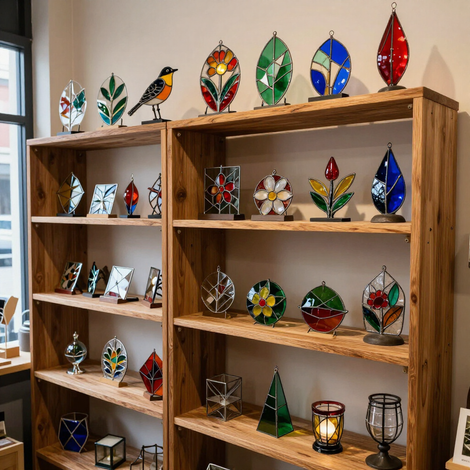 Wooden shelves displaying colorful stained-glass ornaments and small lanterns in a room