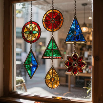 Colorful stained-glass ornaments hanging in a sunlit window, including circles, triangles, and a flower shape