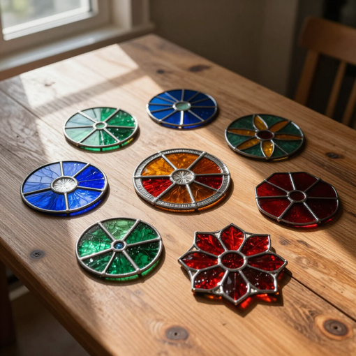 Colorful stained-glass coasters arranged on a wooden table in sunlight