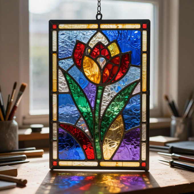 Stained glass flower panel in red, blue, green, and gold on a sunlit desk by a window