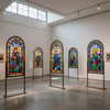 Art gallery with five colorful stained-glass panels displayed on stands in a bright white room.