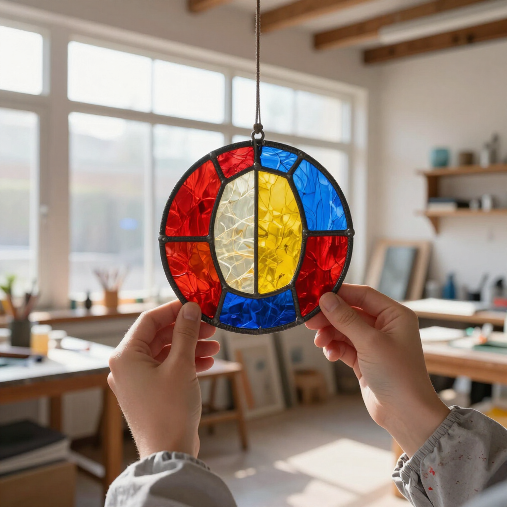 Hands holding a round stained-glass sun catcher with red, yellow, and blue panels in a bright studio