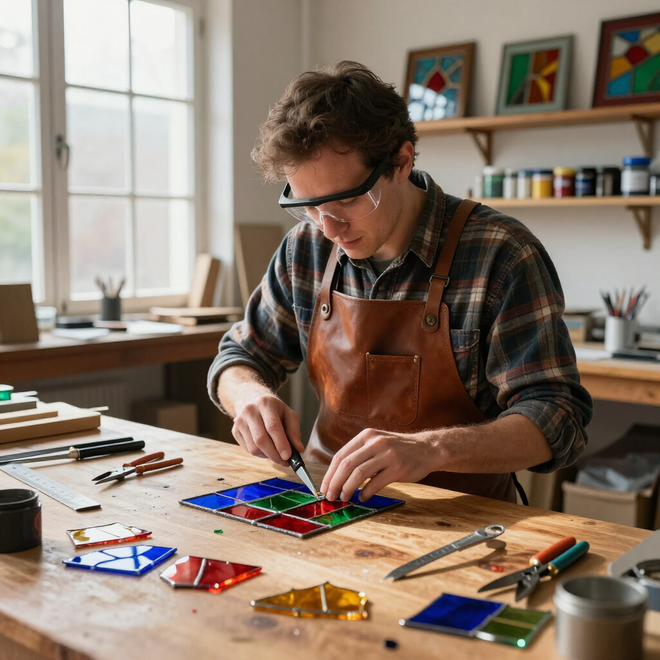 Person using a tool to arrange colorful glass pieces on a worktable in a studio