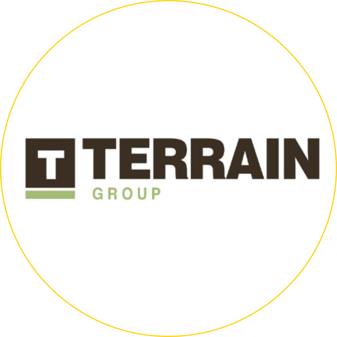 Terrain Group logo with brown and green text inside a thin yellow circle