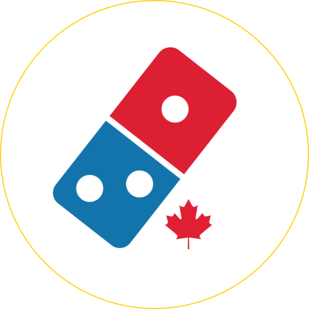 Domino’s logo in red and blue with a small red maple leaf, on a white background