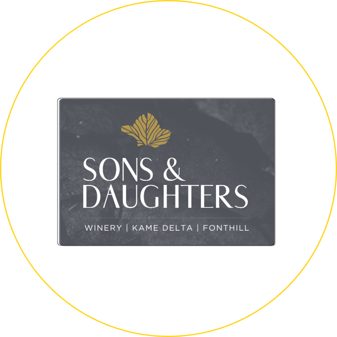 Logo for Sons & Daughters on a dark gray background with gold leaf icon and white text