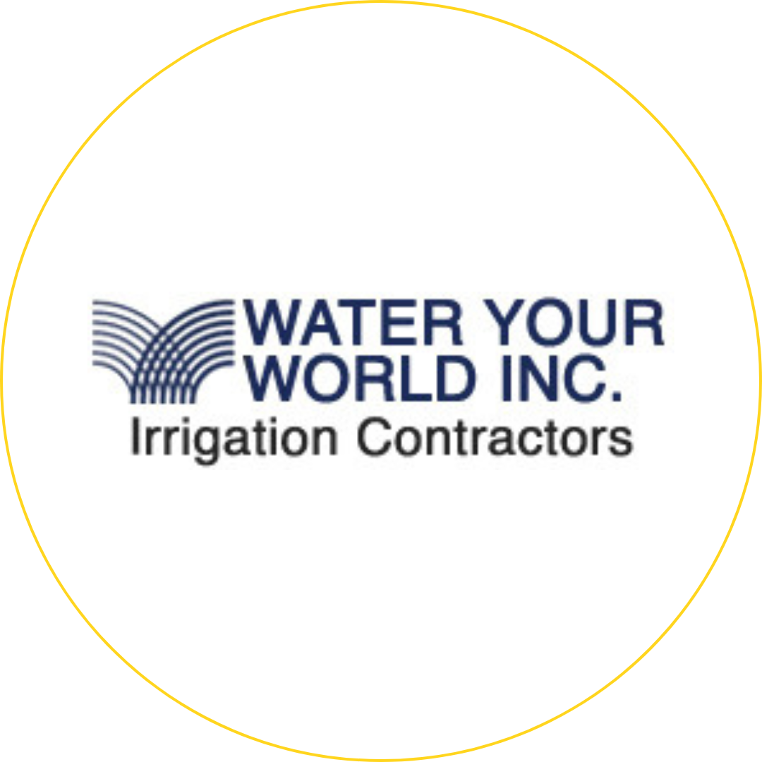 Water Your World Inc. Irrigation Contractors logo in blue and gray within a yellow circle