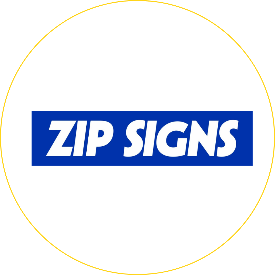 ZIP SIGNS logo in white text on a blue rectangle, centered inside a thin yellow circle.