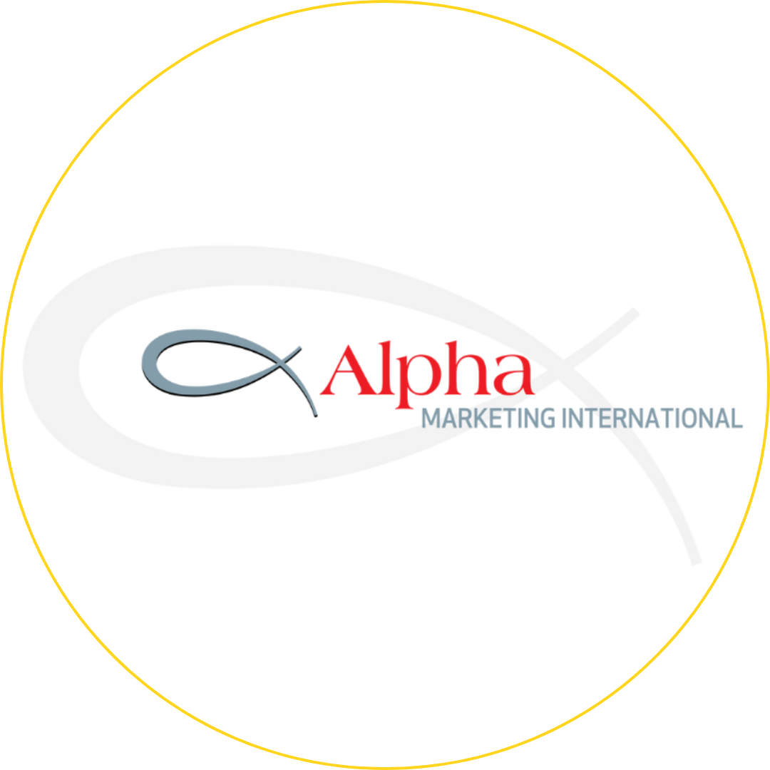 Alpha Marketing International logo with gray swirl and red text on white background