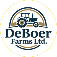DeBoer Farms Ltd. logo with a blue tractor in a circular gold and navy emblem