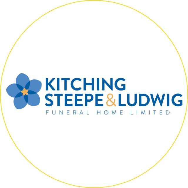 Kitching Steepe & Ludwig Funeral Home Limited logo with blue flower and text inside a yellow circle